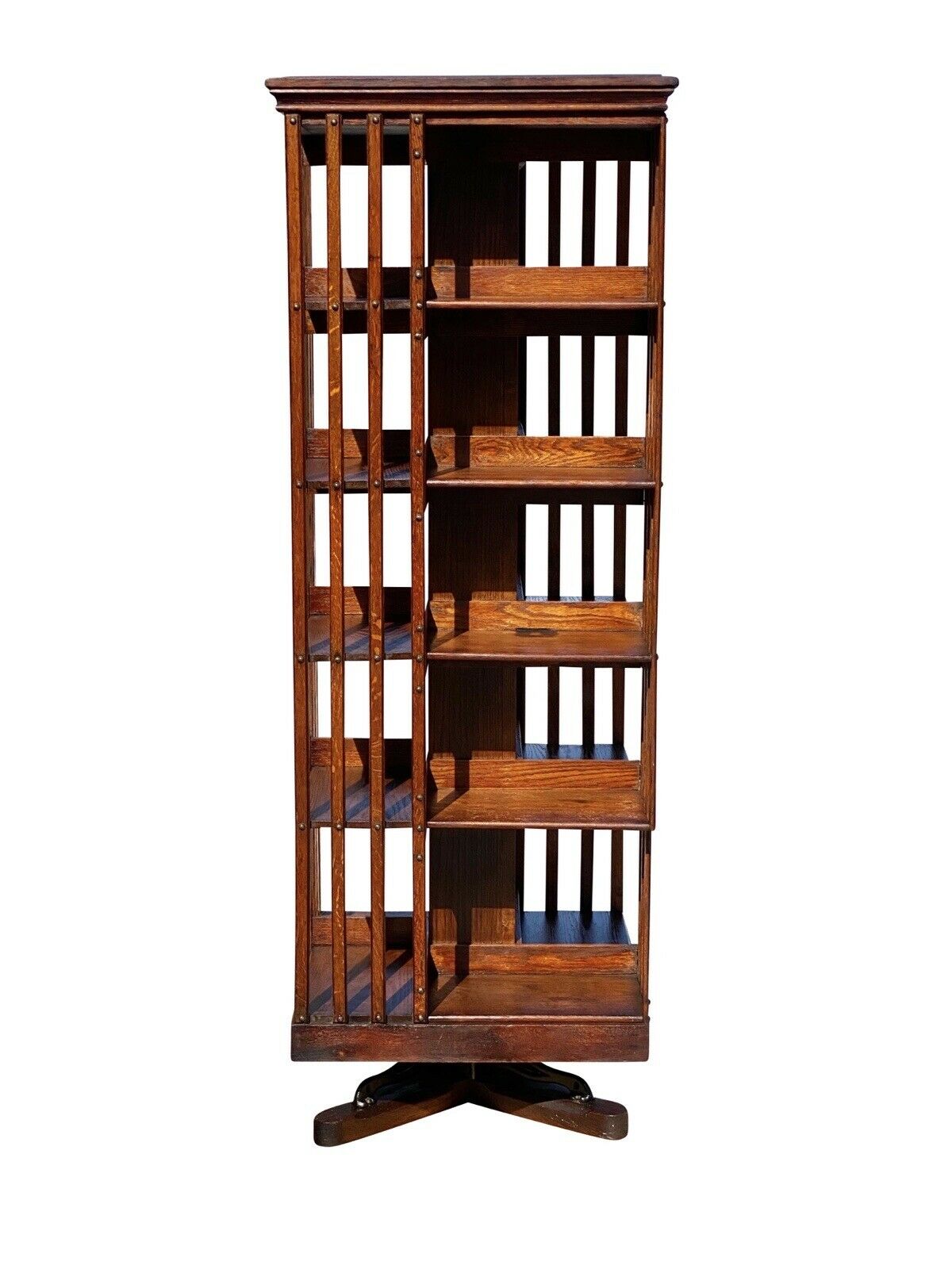 19th C Antique Victorian Tiger Oak Danner 5 Tier Revolving Bookcase - Standard 5