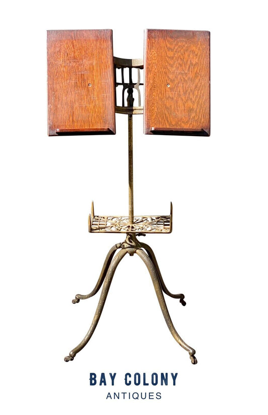 Antique Victorian Brass & Oak Dictionary Stand - Adjustable Height & Book Width