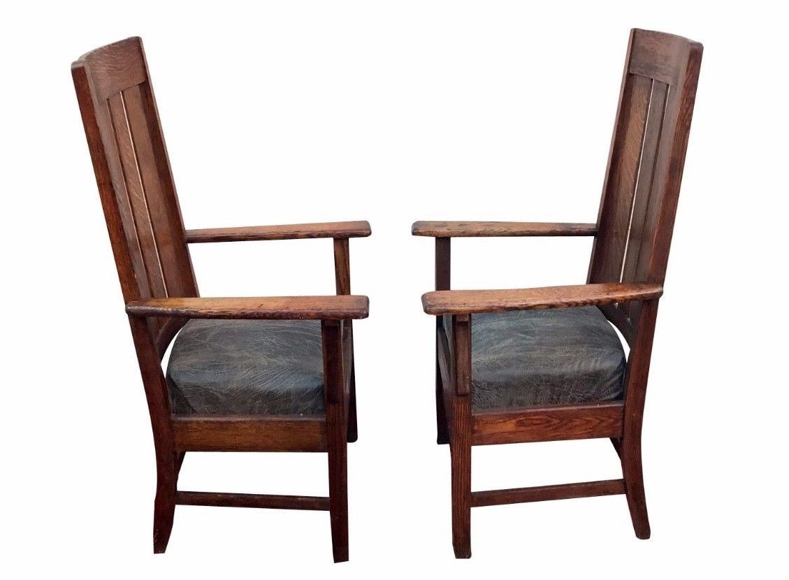 PAIR OF ANTIQUE ARTS & CRAFTS MISSION OAK BILLIARDS CHAIRS