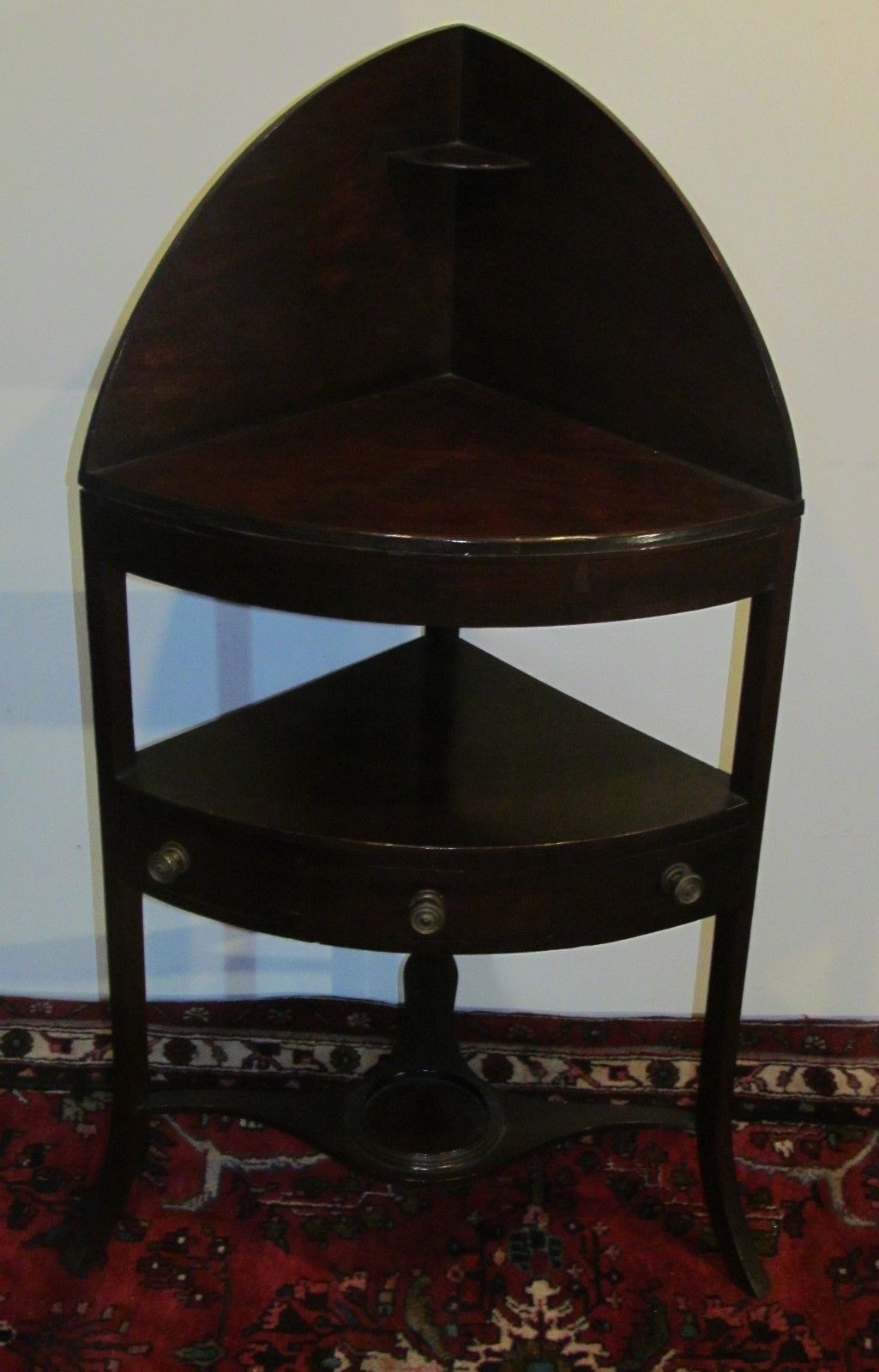 GEORGE III PERIOD MAHOGANY CORNER STAND W/ONE DR & PLANTER STRETCHER BASE