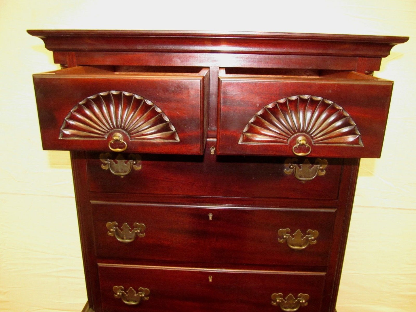 TRIPLE SHELL CARVED 2 PC CHEST ON CHEST SOLID MAHOGANY CHIPPENDALE HIGHBOY