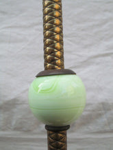 Load image into Gallery viewer, PAIR OF ART NOUVEAU GREEN SLAG GLASS ANTIQUE BRIDGE LAMPS
