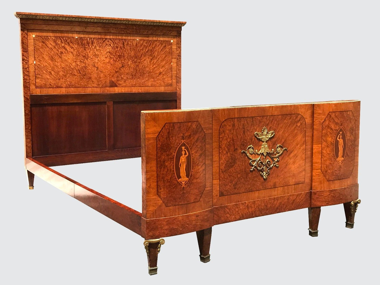 IMPORTANT FRENCH LOUIS XVI BURL WALNUT BED WITH EXTENSIVE INLAY