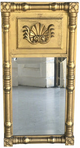 19th Century Antique Sheraton Beveled Glass Shell Carved Gilt Mirror
