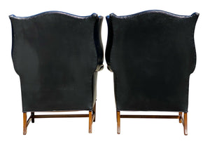 20TH C PAIR OF CHIPPENDALE ANTIQUE STYLE BLACK LEATHER WING BACK ARM CHAIRS