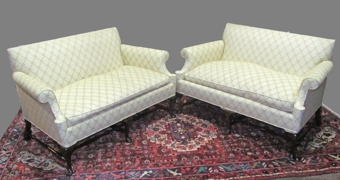 PAIR-QUEEN ANNE STYLED SETTEES ON FINELY FORMED STRETCHER BASES & PAD FEET