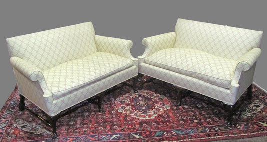 PAIR-QUEEN ANNE STYLED SETTEES ON FINELY FORMED STRETCHER BASES & PAD FEET