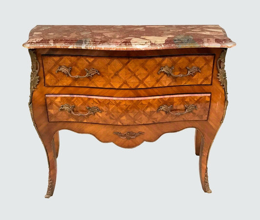 FRENCH LOUIS XV ANTIQUE STYLED MARBLE TOP BOMBE FORMED DRESSER CONSOLE CHEST