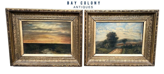 19TH C PAIR OF ANTIQUE HUDSON RIVER SCHOOL OIL ON PANEL LANDSCAPE PAINTINGS