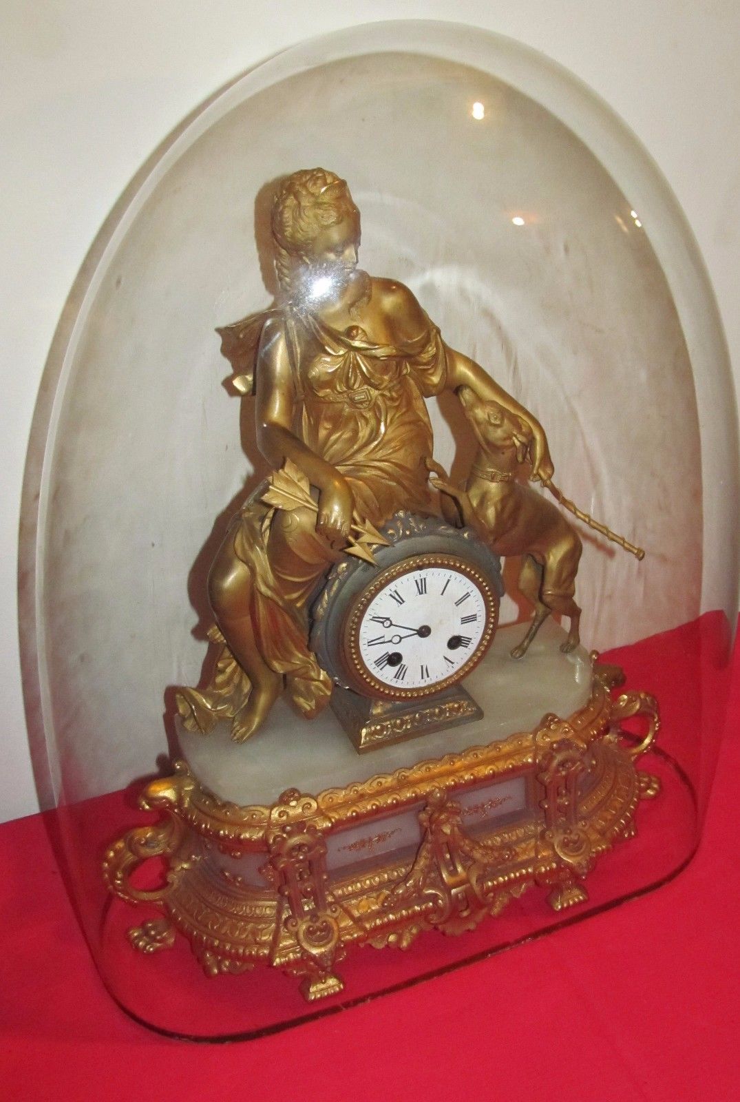 ANTIQUE HIGHLY GOLD GILT FRENCH CLOCK DEPICTING MAIDEN WITH WHIPPET - GLASS DOME