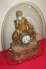 Load image into Gallery viewer, ANTIQUE HIGHLY GOLD GILT FRENCH CLOCK DEPICTING MAIDEN WITH WHIPPET - GLASS DOME
