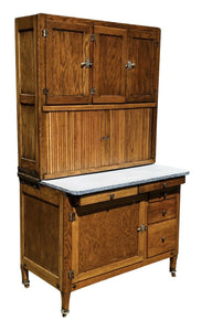 20TH C ANTIQUE 1920'S OAK HOOSIER CABINET W/ PORCELAIN ENAMEL TOP & FLOUR SIFTER