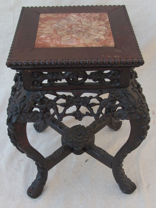 FINE 19TH CENTURY CARVED ROSEWOOD & PINK MARBLE CHINESE TABORET TABLE STAND