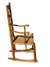 Load image into Gallery viewer, 18TH C ANTIQUE QUEEN ANNE COUNTRY PRIMITIVE ROCKING ARM CHAIR W/ SPLINT SEAT
