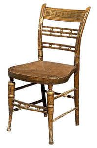 19th C Antique Sheraton Fancy Paint Thumb Back Chair W/ Rush Seat & Greek Key