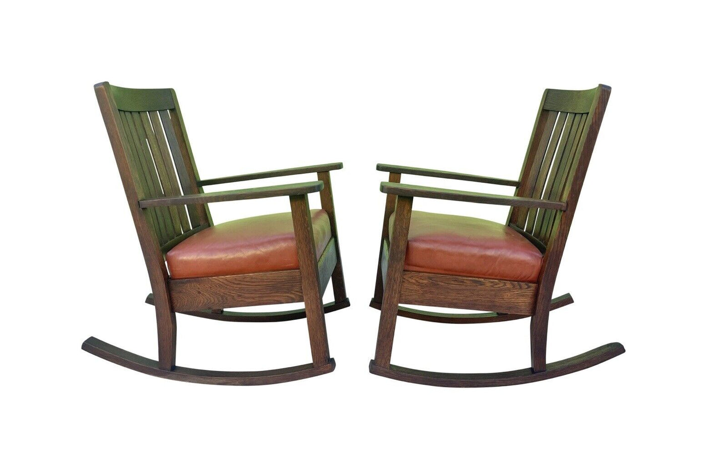 Pair of Antique Arts & Crafts Tiger Oak Rocking Chairs With Orange Leather Seats
