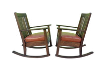 Load image into Gallery viewer, Pair of Antique Arts &amp; Crafts Tiger Oak Rocking Chairs With Orange Leather Seats