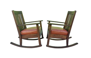 Pair of Antique Arts & Crafts Tiger Oak Rocking Chairs With Orange Leather Seats