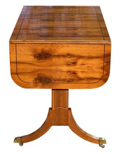 Load image into Gallery viewer, 20TH C REGENCY ANTIQUE STYLE ELM &amp; SATINWOOD DROP LEAF SOFA TABLE / DESK