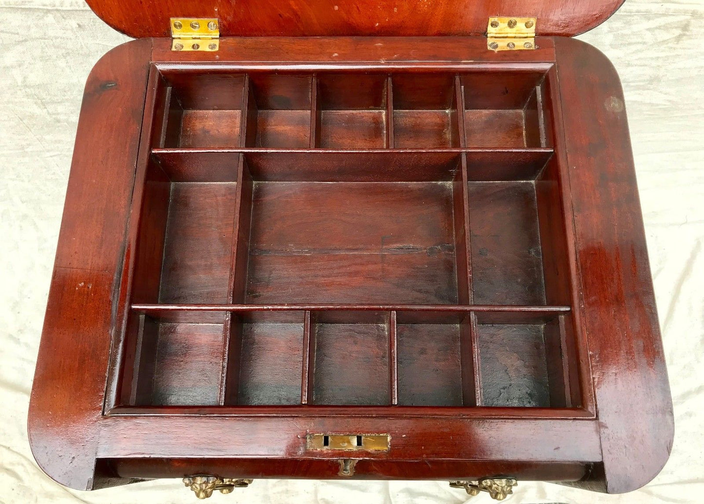 EARLY 19TH C .CLASSICAL MAHOGANY & BIRDS EYE MAPLE LIFT TOP WORK TABLE