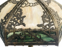 Load image into Gallery viewer, EARLY 20TH C ANTIQUE SIGNED RAINAUD SLAG GLASS PANEL LAMP ~JAPANESE GARDEN SCENE