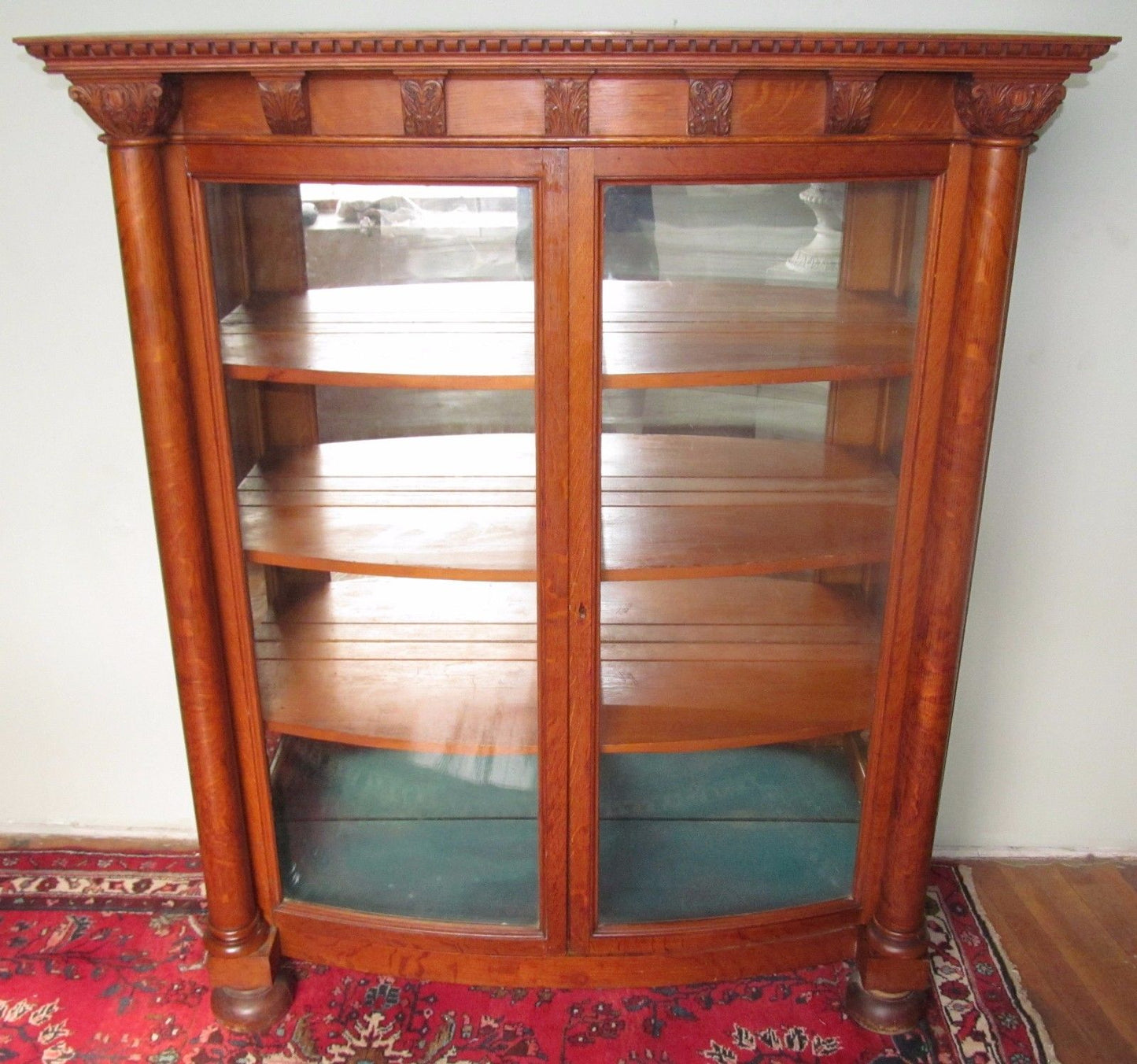 19TH CENTURY VICTORIAN CARVED OAK CURVED GLASS CHINA CABINET - PAINES FURNITURE