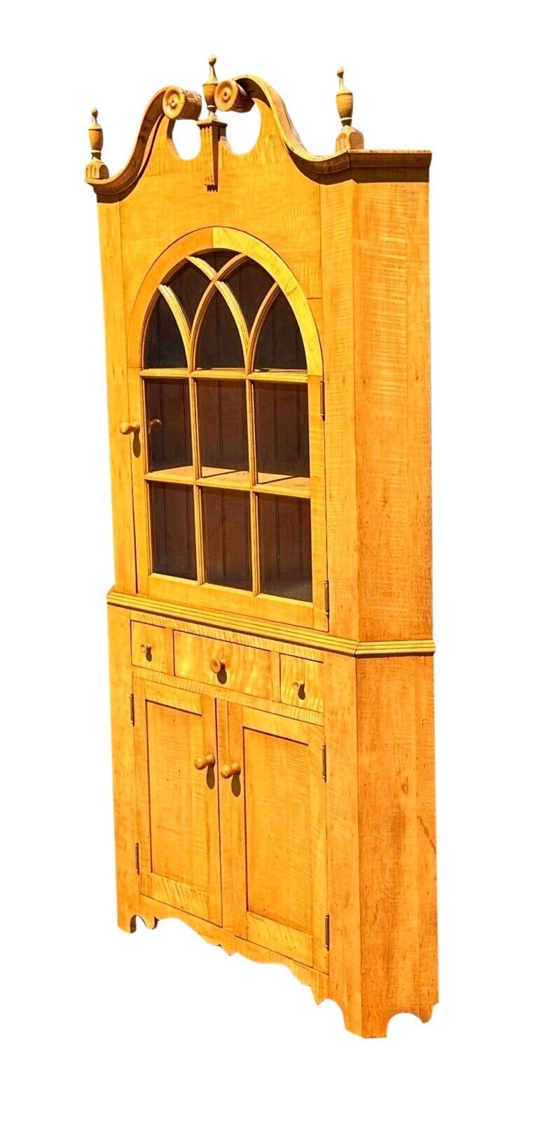 Federal Style Tiger Maple Two Piece Corner Cabinet With Arched Door & Bold Grain