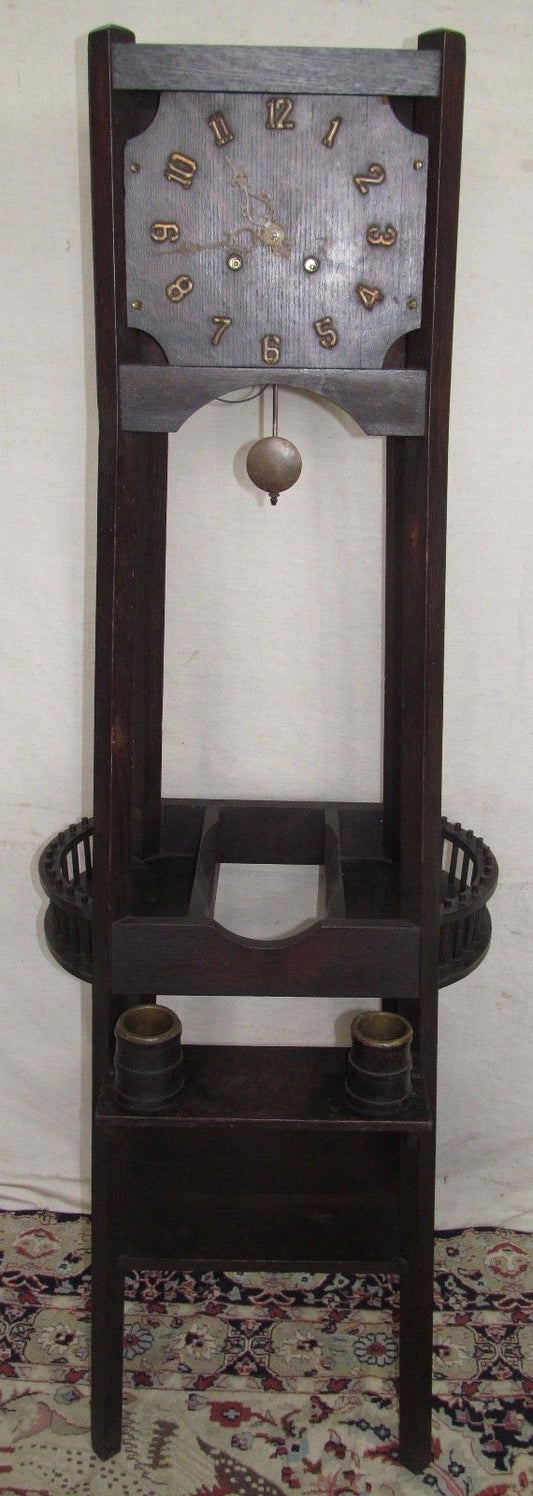 ARTS & CRAFTS MISSION OAK TALL CASE CLOCK WITH TINY OAK BUCKETS -ORIGINAL FINISH