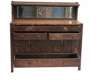 Load image into Gallery viewer, EARLY 20TH C ARTS &amp; CRAFTS / MISSION OAK BEVELED GLASS SIDEBOARD / SERVER