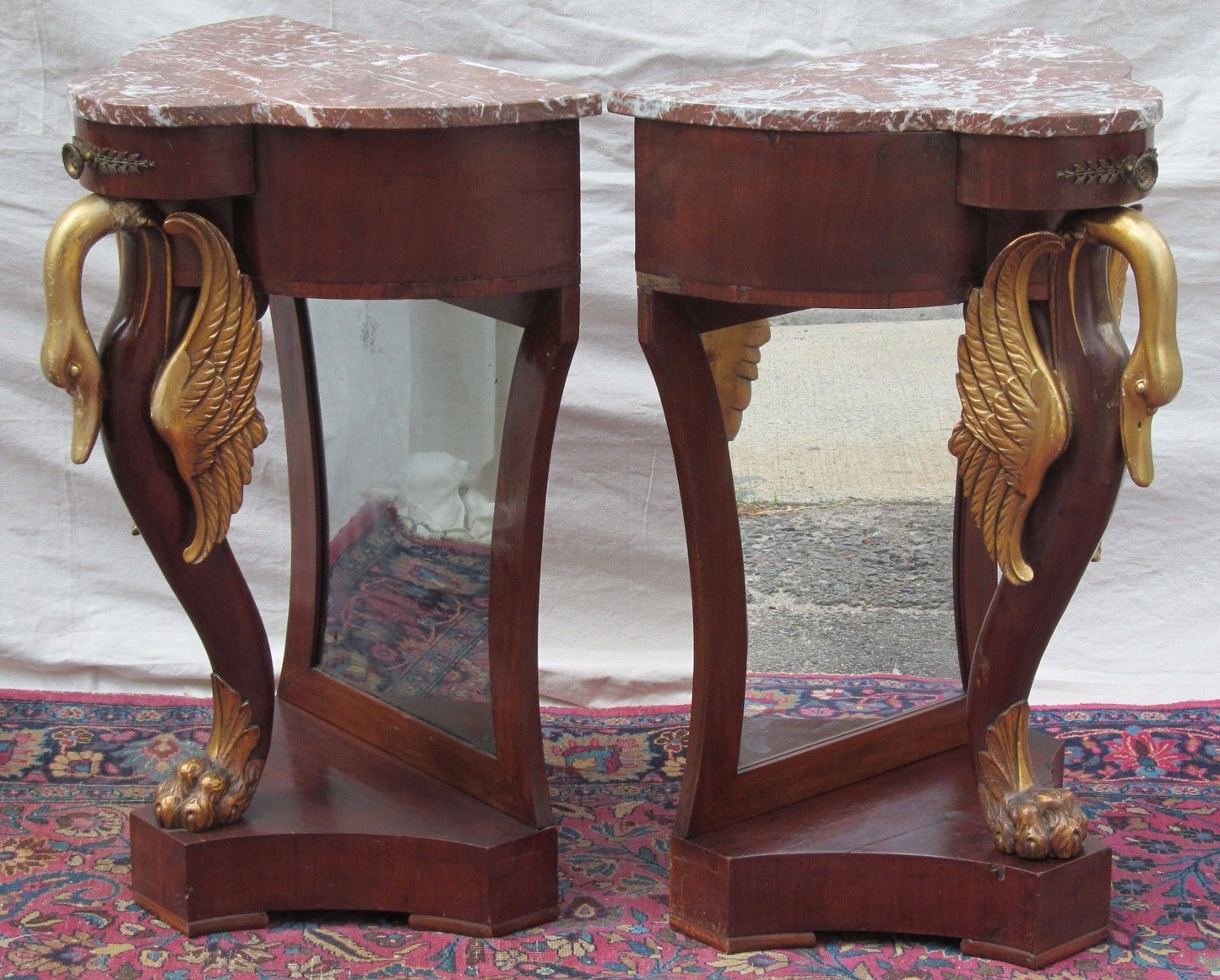 PAIR OF FRENCH NAPOLEONIC STYLED MARBLE TOP NIGHTSTANDS WITH GOLD FIGURAL SWANS