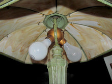 Load image into Gallery viewer, ART NOUVEAU CURVED SLAG GLASS LAMP IN ORIGINAL VERDIGRIS PAINT SIGNED RAINAUD