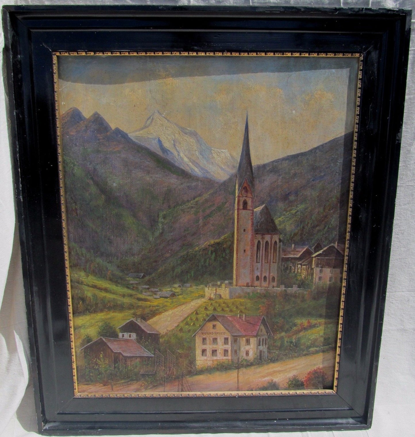 19th CENTURY OIL ON CANVAS AUSTRIAN LANDSCAPE OF THE VILLAGE OF HEILIGENBLUT