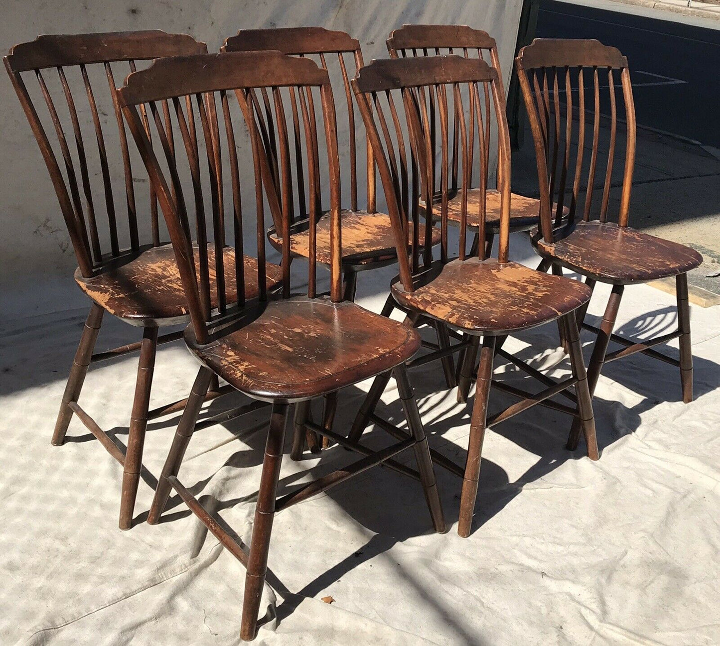 SET OF 6 PINE THUMB BACK COUNTRY PRIMITIVE ANTIQUE WINDSOR CHAIRS