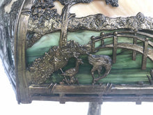 Load image into Gallery viewer, EARLY 20TH C ANTIQUE SIGNED RAINAUD SLAG GLASS PANEL LAMP ~JAPANESE GARDEN SCENE