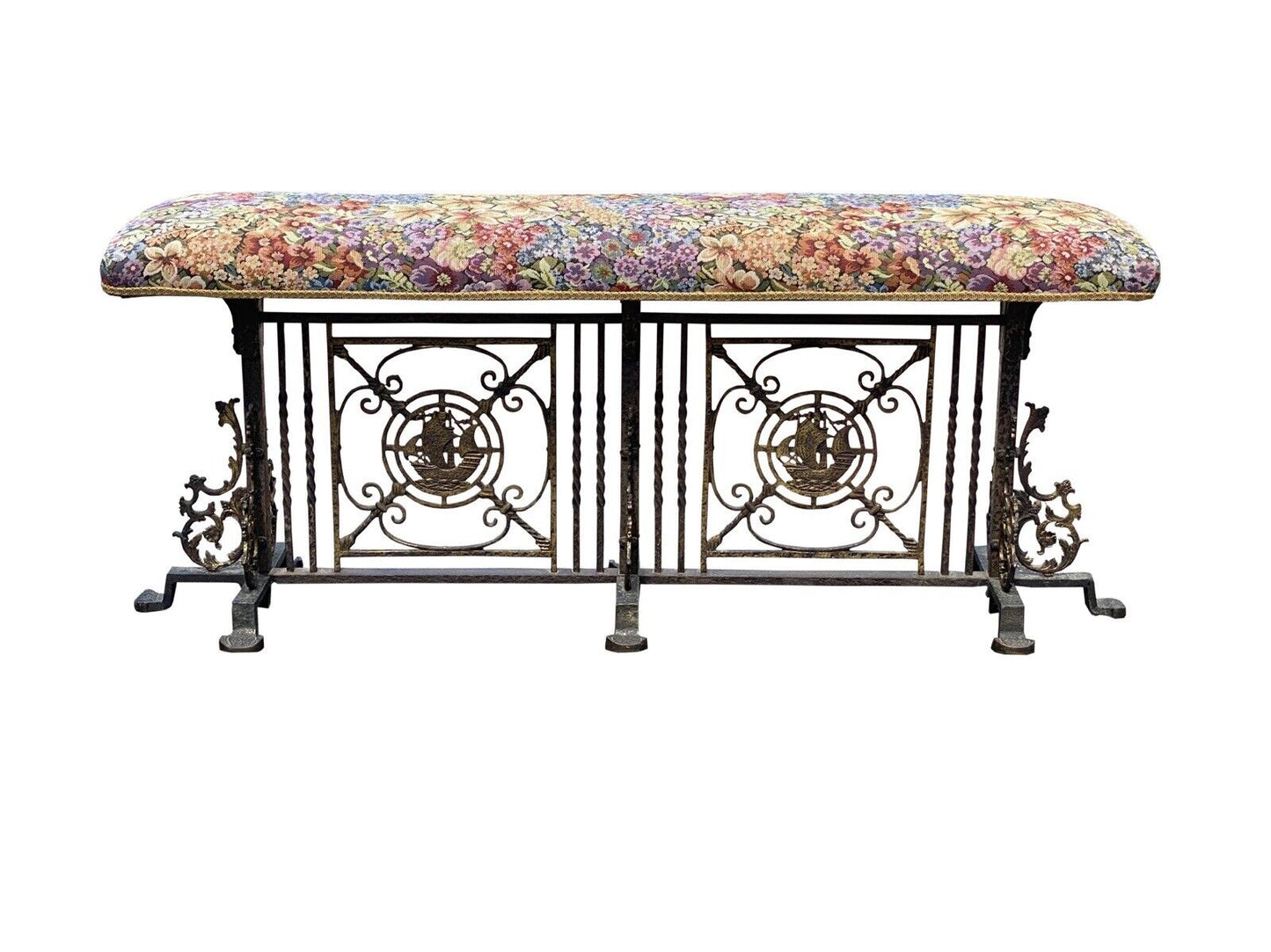 Arts & Crafts Wrought Iron & Bronze Window Bench With Nautical Ships- Oscar Bach