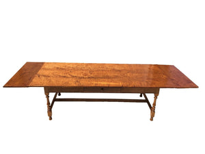 20TH C MONUMENTAL W&M ANTIQUE STYLE TIGER MAPLE HARVEST / TAVERN / DINING TABLE