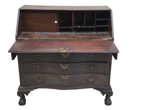 18th C Antique Boston Chippendale Black Walnut Oxbow Slant Lid Secretary Desk