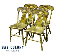 19TH C ANTIQUE SHERATON FANCY PAINT DINING CHAIRS IN BITTERSWEET GREEN PAINT