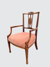 Load image into Gallery viewer, 19TH C. ADAMS STYLE DIMINUTIVE ARM CHAIR W/ MUSICAL MOTIFS &amp; PINK VELVET SEAT