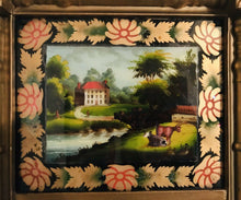 Load image into Gallery viewer, 19TH C AMERICAN ANTIQUE SHERATON REVERSE PAINTED GLASS MIRROR ~ ARTIST SIGNED