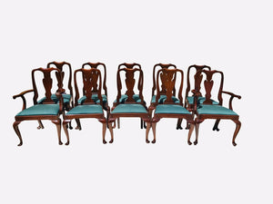 20TH C SET OF 10 HENKEL HARRIS QUEEN ANNE ANTIQUE STYLE MAHOGANY DINING CHAIRS