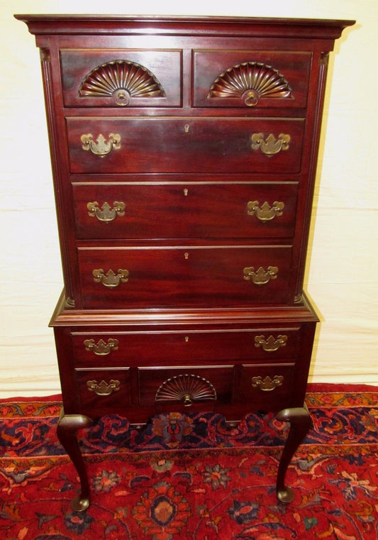 TRIPLE SHELL CARVED 2 PC CHEST ON CHEST SOLID MAHOGANY CHIPPENDALE HIGHBOY