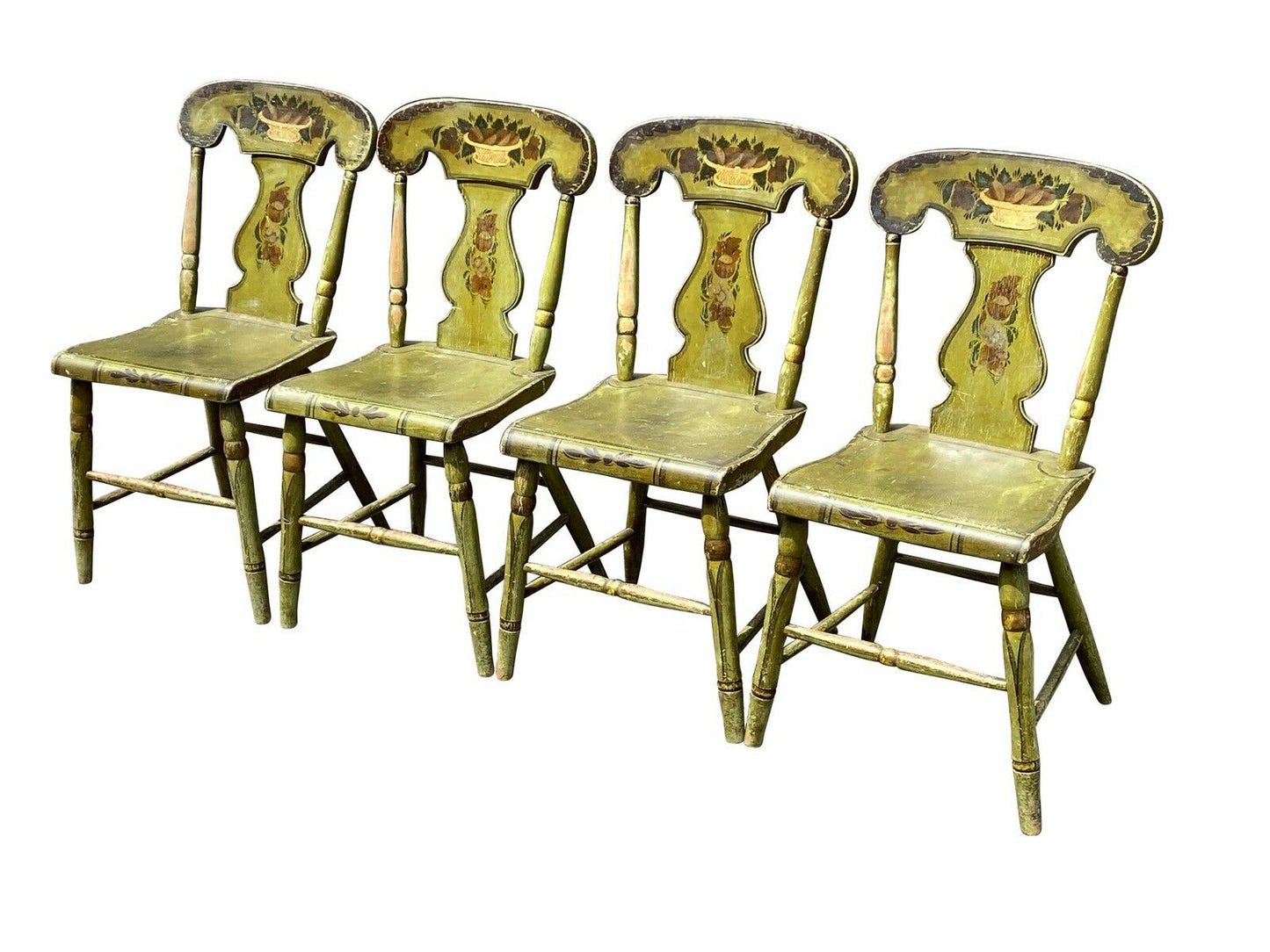 19TH C ANTIQUE SHERATON FANCY PAINT DINING CHAIRS IN BITTERSWEET GREEN PAINT