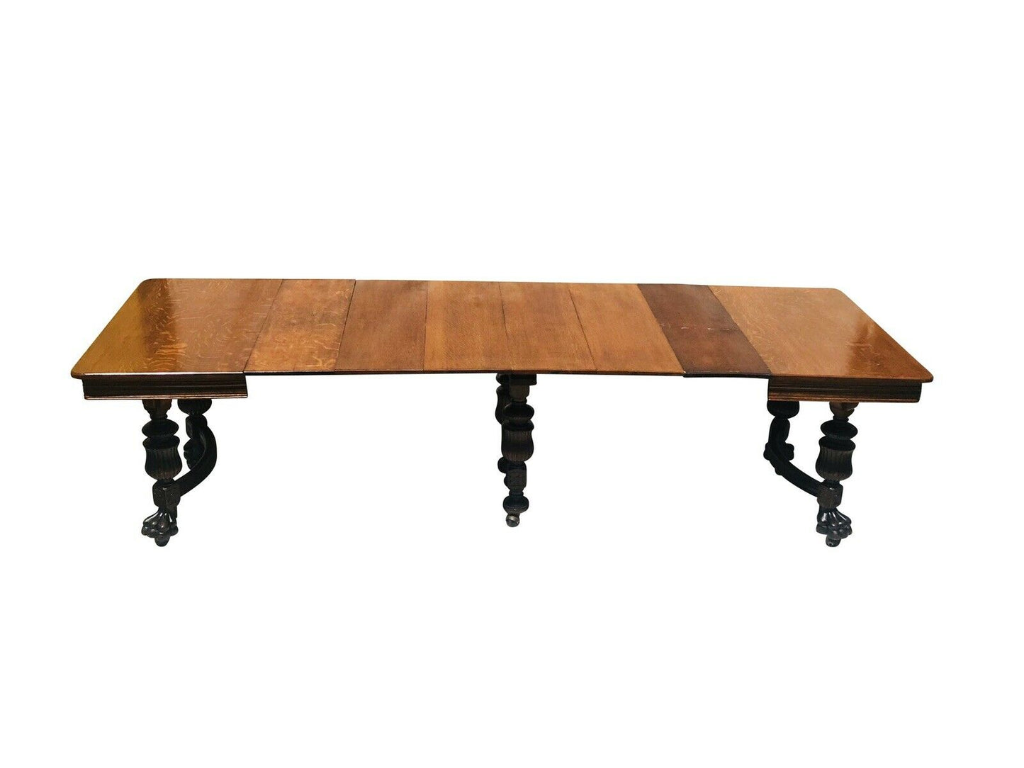 19TH C ANTIQUE VICTORIAN CARVED OAK DINING ROOM / BANQUET TABLE ~ 9.5 + FEET