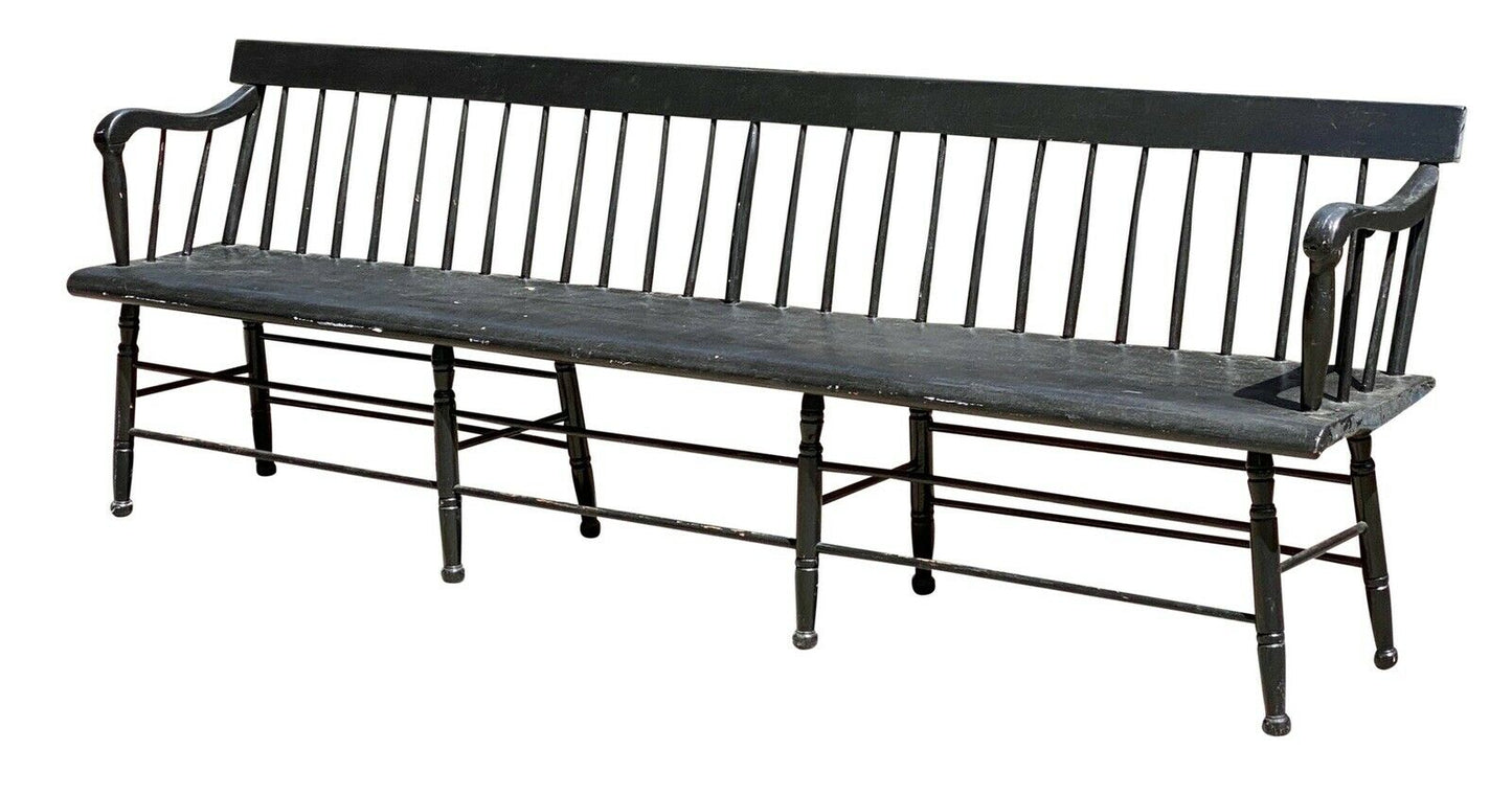 19TH C ANTIQUE NEW ENGLAND BLACK PAINTED FARMHOUSE / DEACONS BENCH ~ 8 FEET