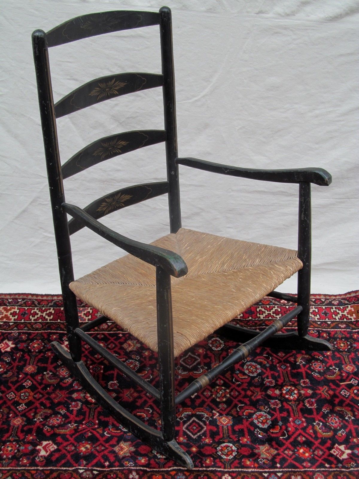 18th CENTURY QUEEN ANNE PERIOD ROCKING ARM CHAIR IN ORIGINAL BLACK PAINT