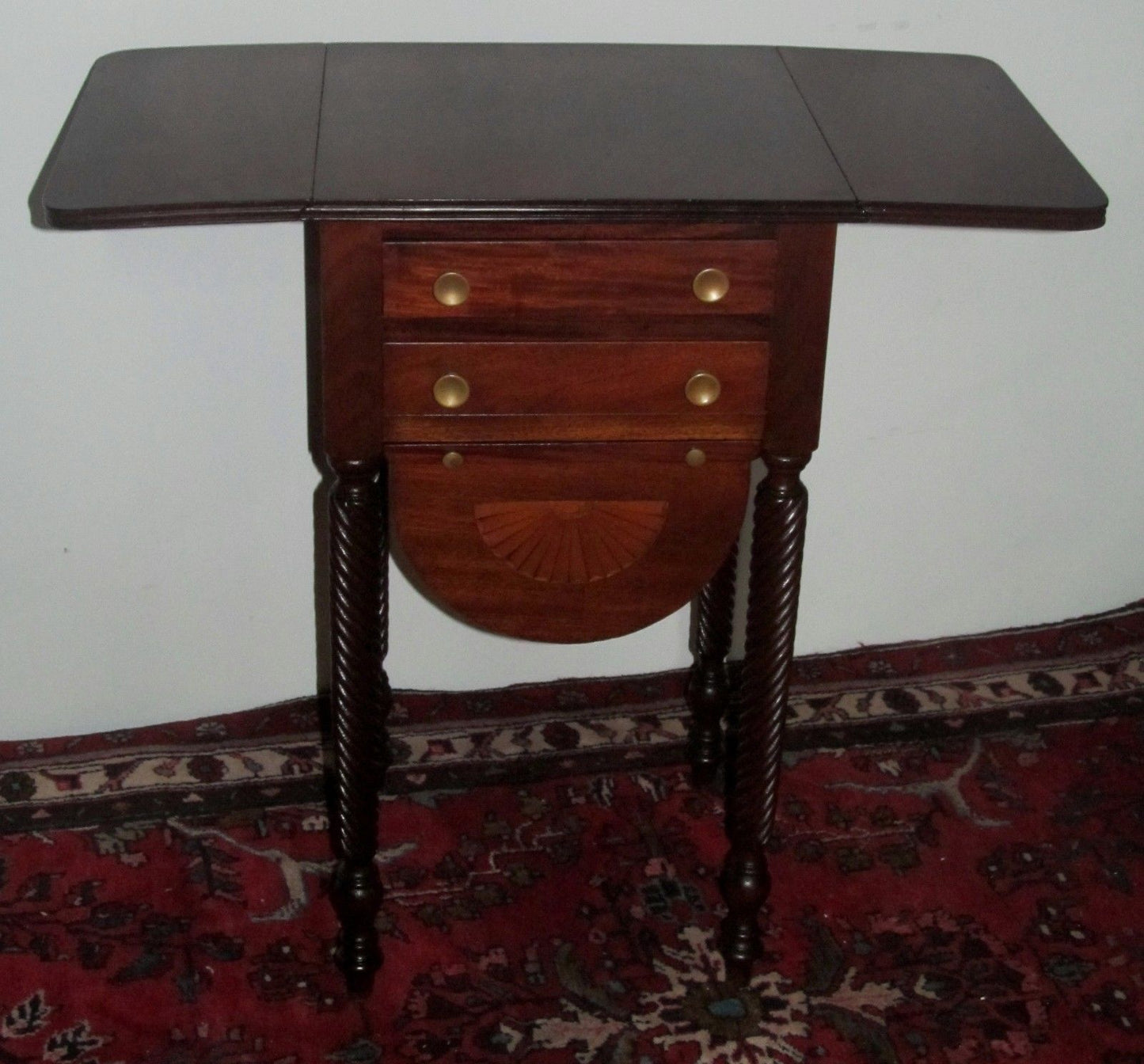 SHERATON STYLE INLAID MAHOGANY WORK TABLE WITH TWIST CARVED LEGS & BASE CABINET