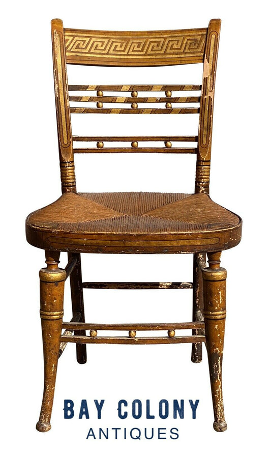 19th C Antique Sheraton Fancy Paint Thumb Back Chair W/ Rush Seat & Greek Key