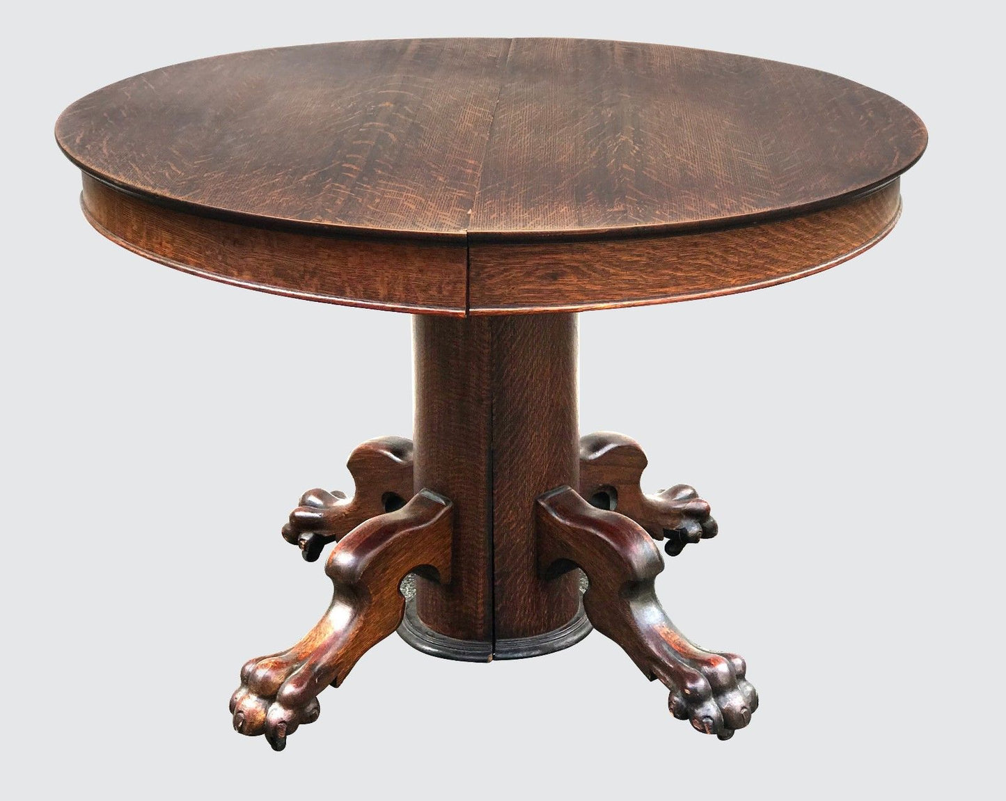 VICTORIAN TIGER OAK DINING TABLE WITH LION PAW BASE & 3 LEAVES-POSSIBLY HASTINGS