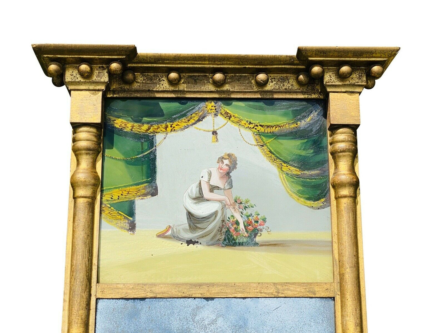 19TH C ANTIQUE FEDERAL REVERSE PAINTED GLASS GOLD GILT TABERNACLE MIRROR